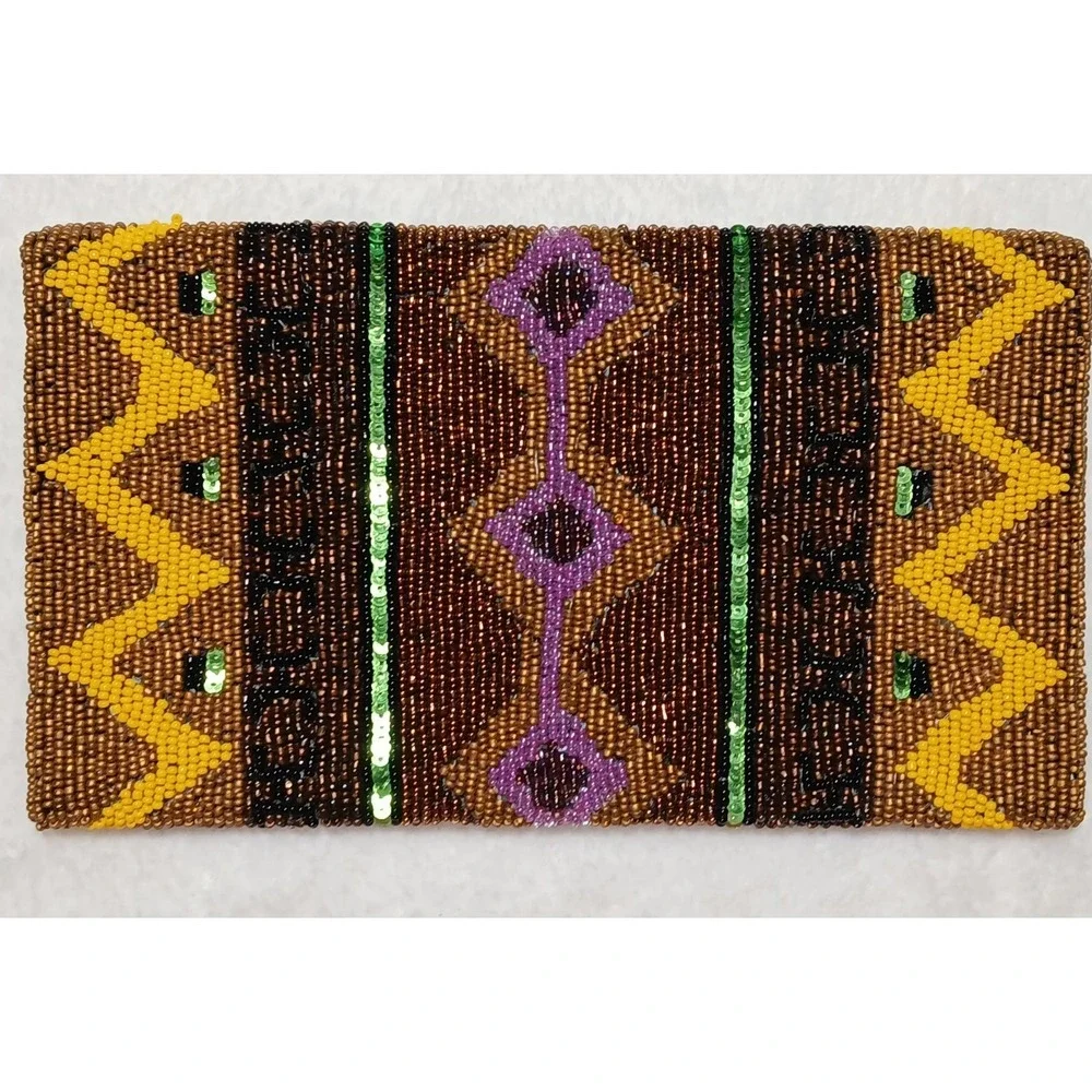 Boho-Chic Geometric Tribal‎ Hand-Beaded Clutch Purse Earthy Tones & Gold Accents